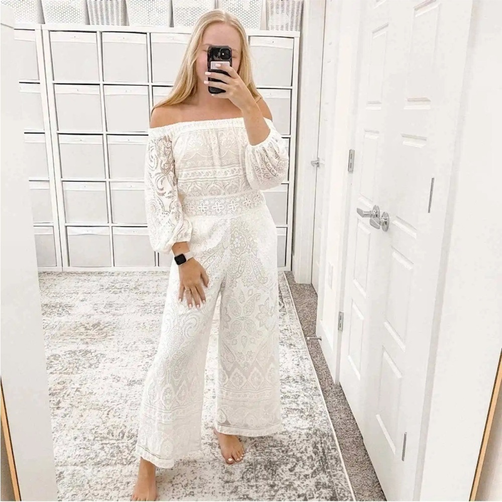 Farm Rio Anthropologie Elliot Ivory Off the Shoulder Elegant Jumpsuit SI…